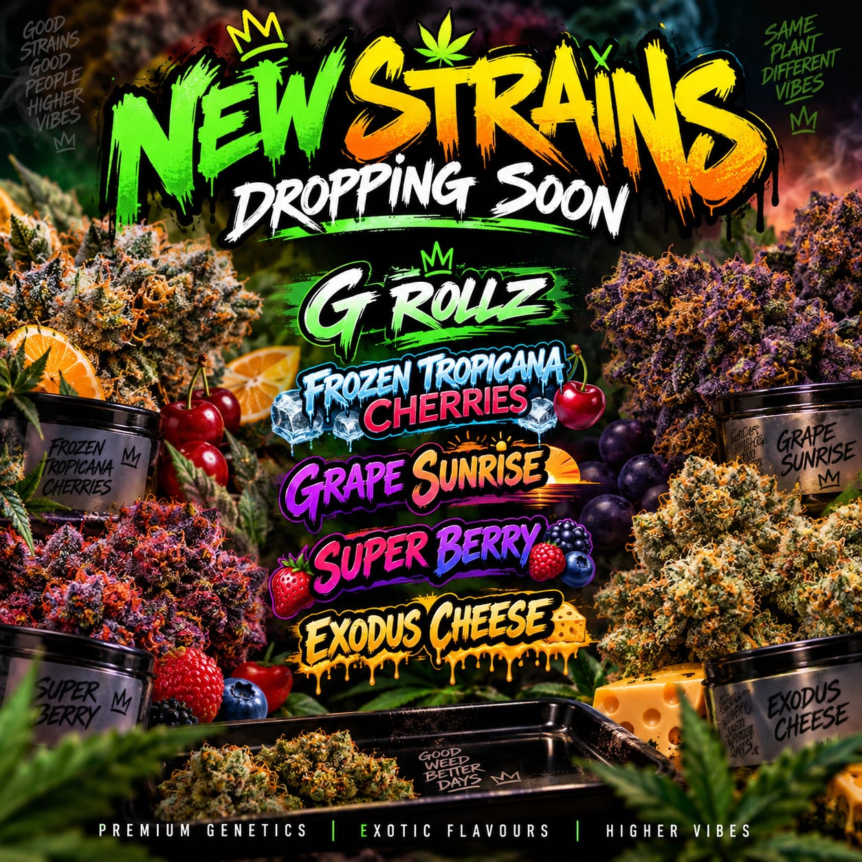 New strains dropping soon — G Rollz, Frozen Tropicana Cherries, Grape Sunrise, Super Berry, Exodus Cheese